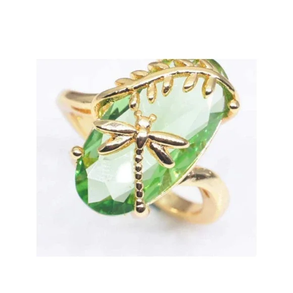 Dragonfly Green Gold Cocktail Ring Big Crystal Statement Ring Reduced Shipping! - Picture 6 of 7